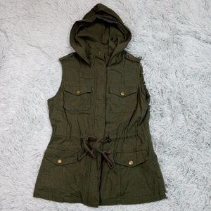 Chocolate USA Womens Vest Army Green S Linen Blend Full Zip‎ Pockets Active
